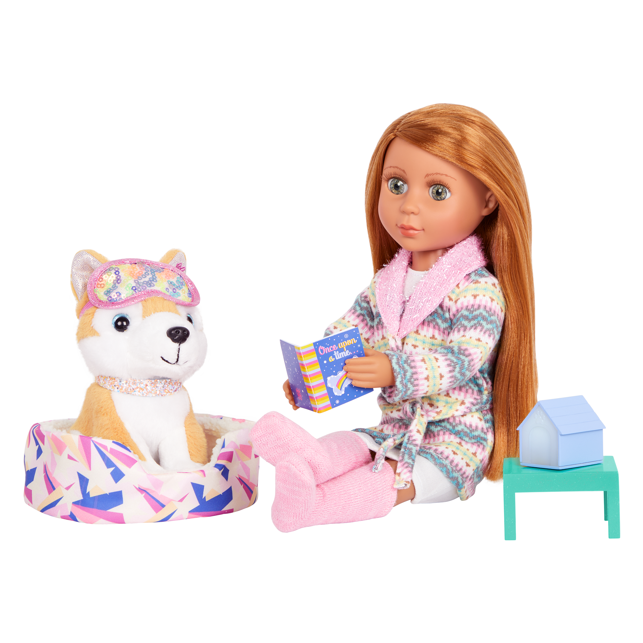 14-inch doll and Shiba Inu dog plushie with bedtime pet playset