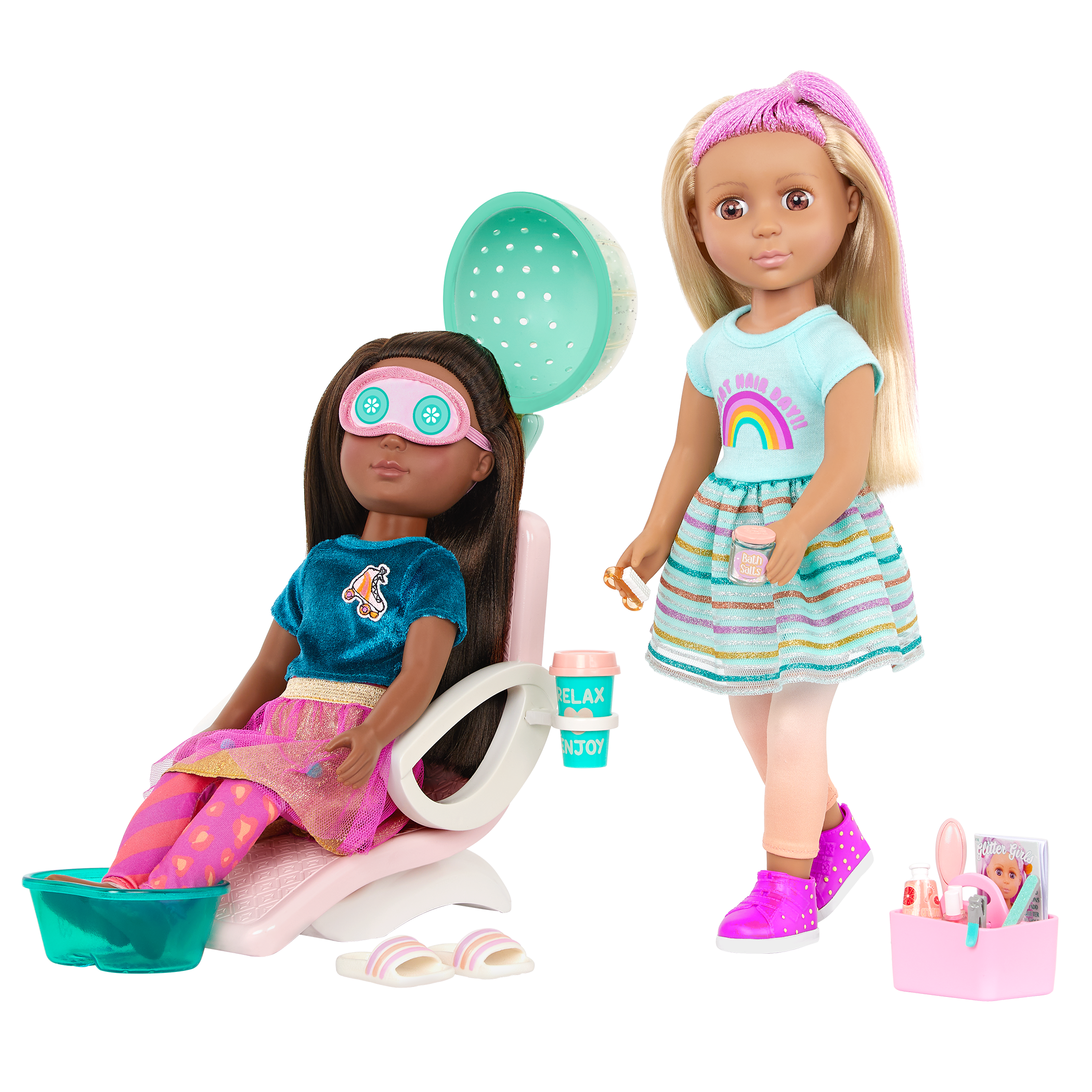 Two 14-inch dolls with salon chair and spa accessories