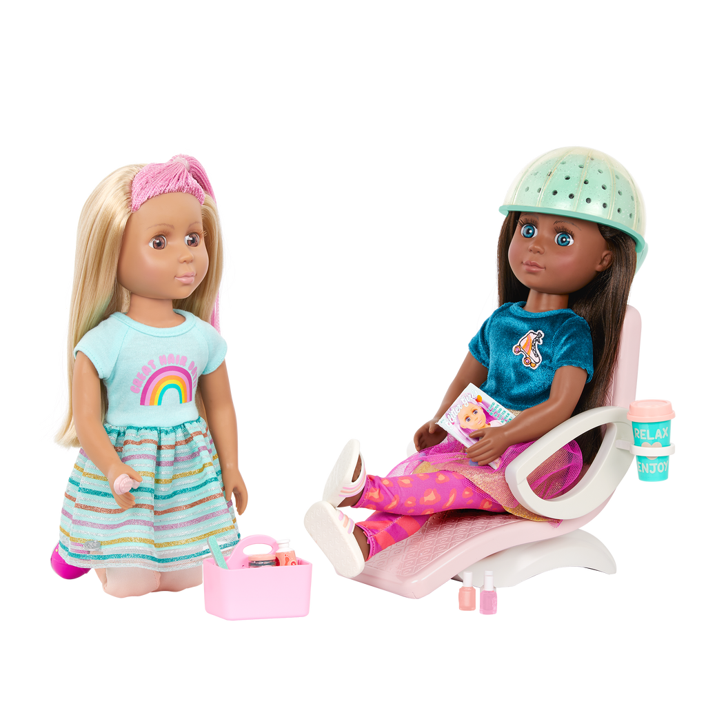 Two 14-inch dolls with salon chair and spa accessories