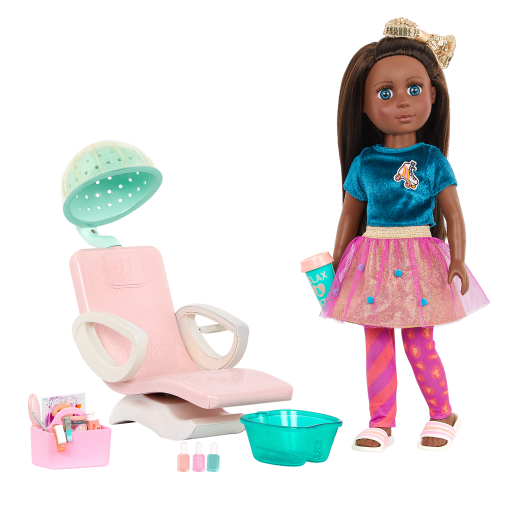 Two 14-inch dolls with salon chair and spa accessories