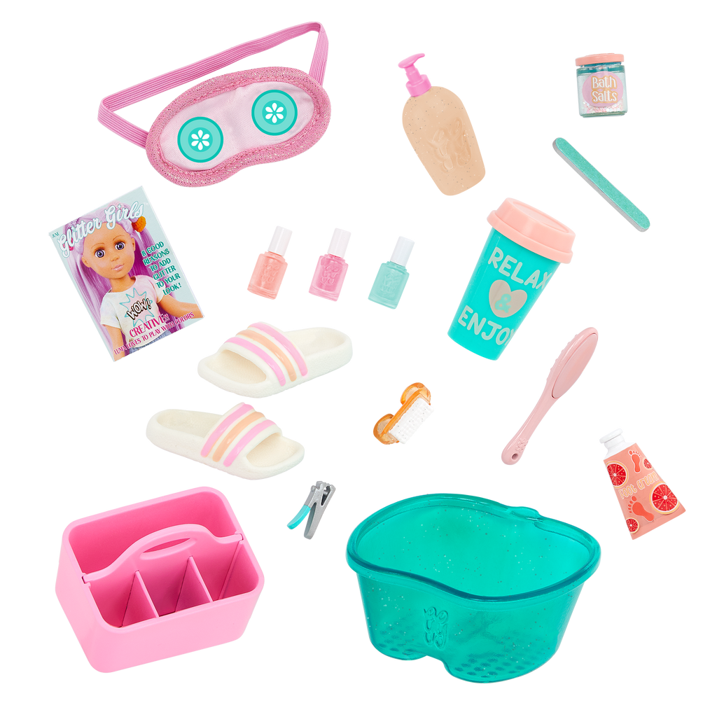 Two 14-inch dolls with salon chair and spa accessories