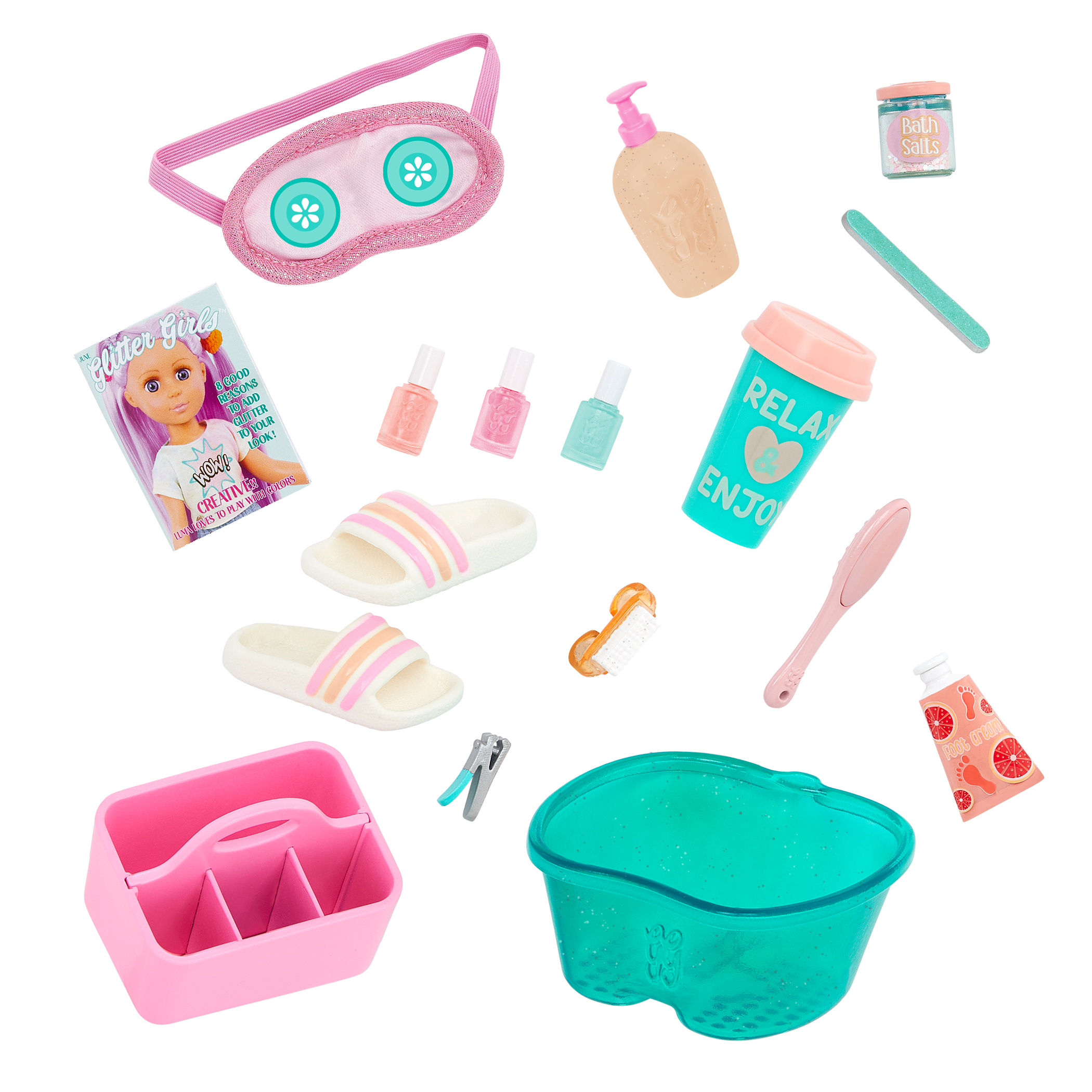 Two 14-inch dolls with salon chair and spa accessories