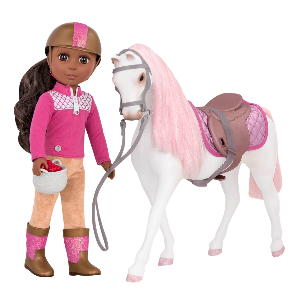 White and pink toy horse with saddle