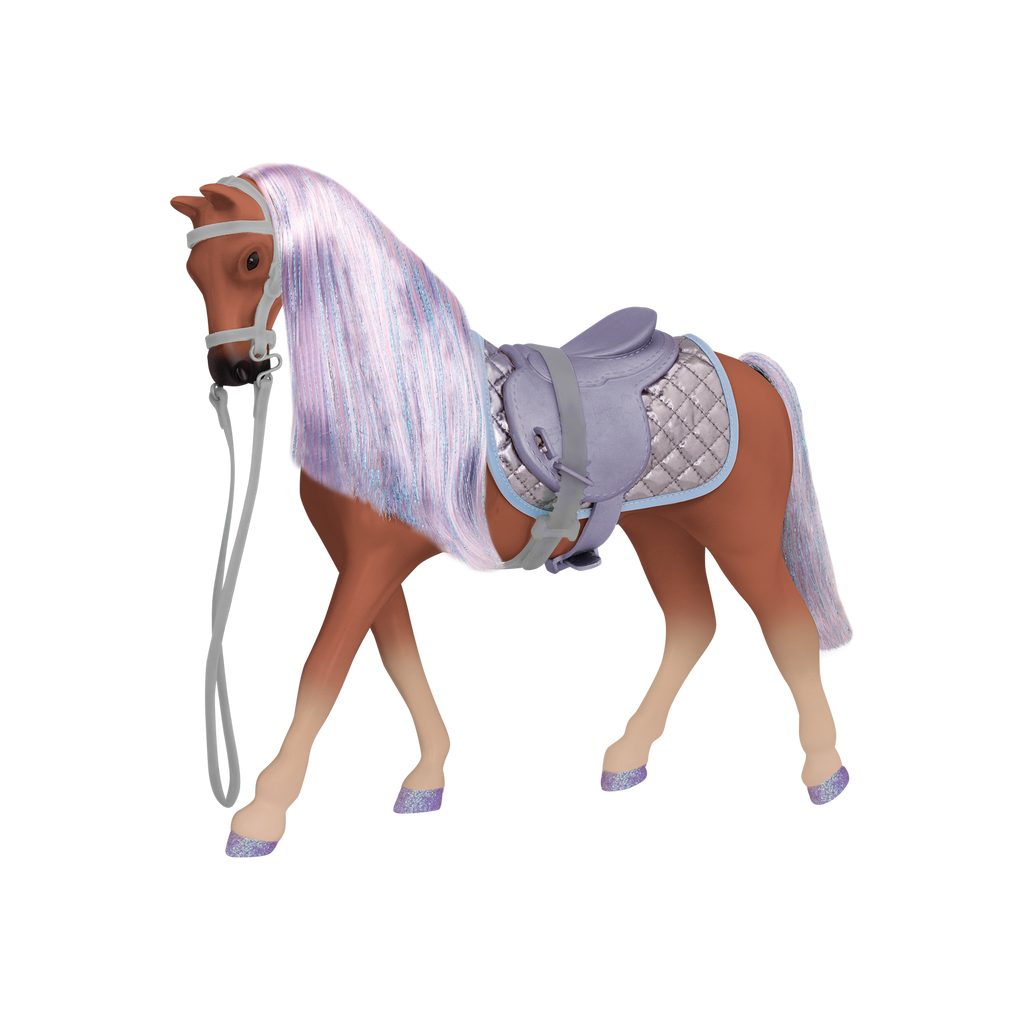 Brown and purple horse with saddle