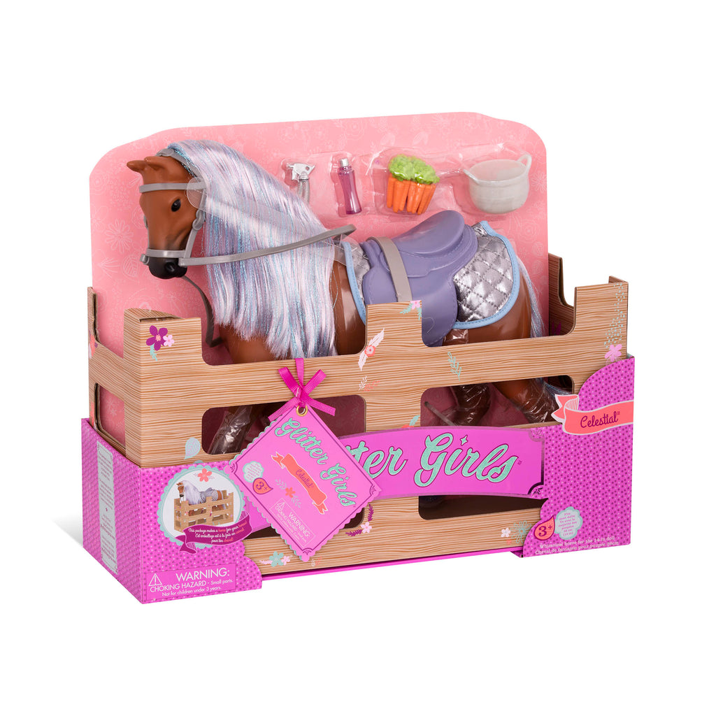 Brown and purple horse with saddle