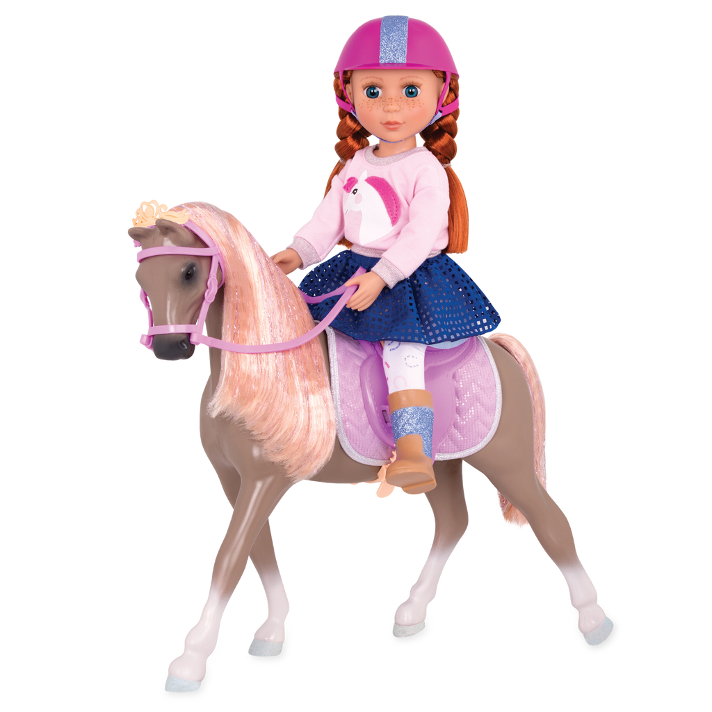Light brown and peach horse with saddle and accessories