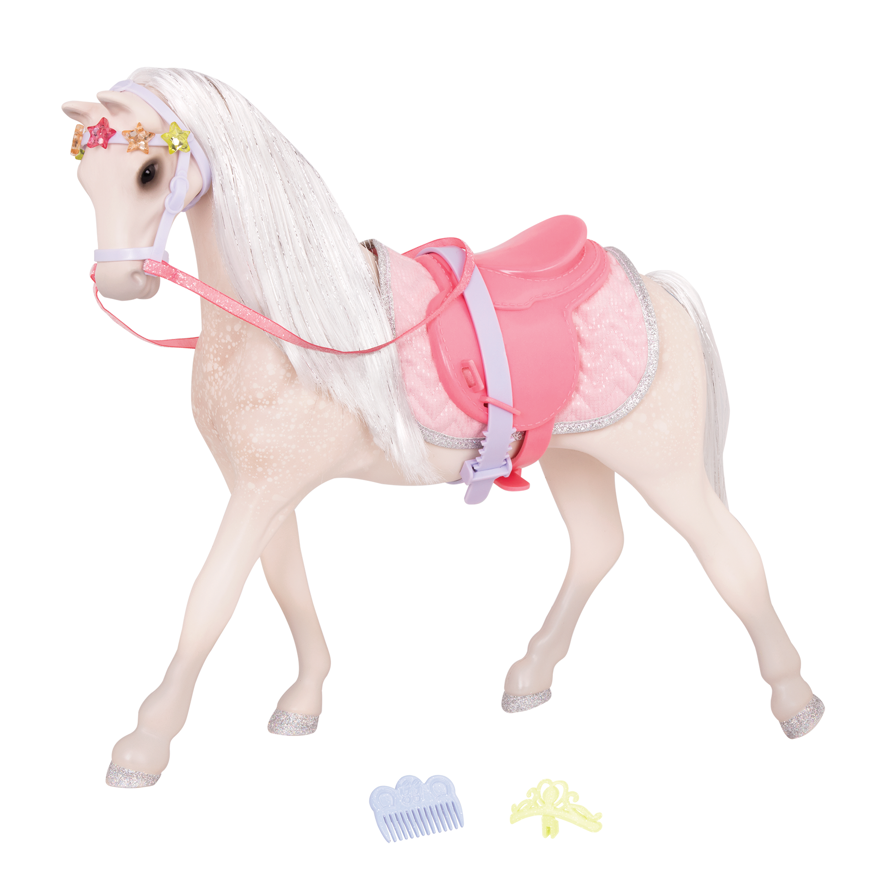 Beige and silver horse with saddle and accessories