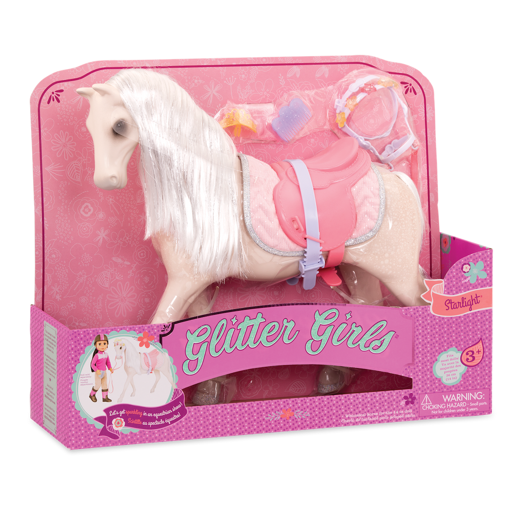 Beige and silver horse with saddle and accessories