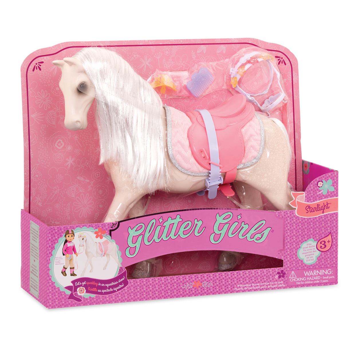 Beige and silver horse with saddle and accessories