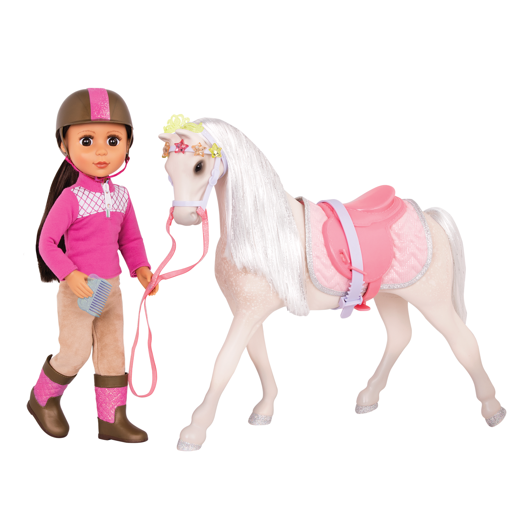 Beige and silver horse with saddle and accessories