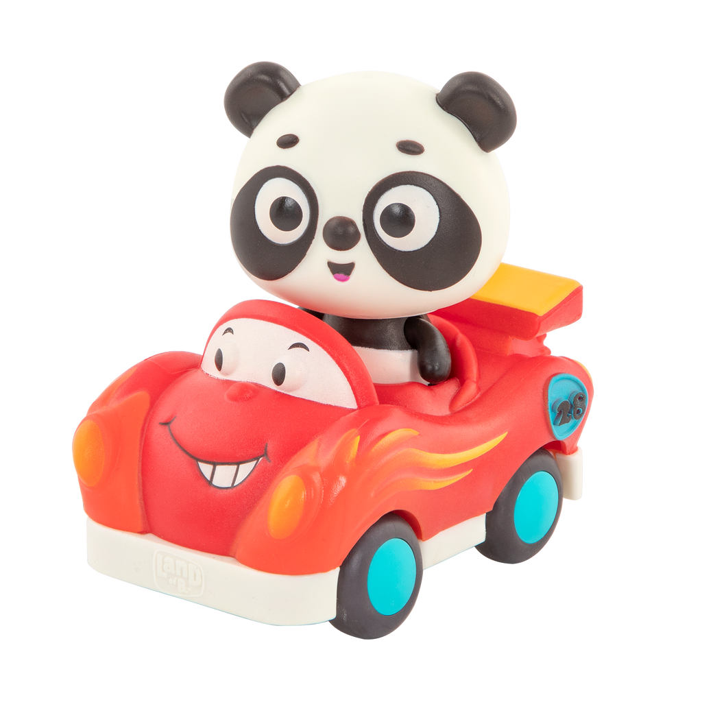 Light-up toy panda in race car.