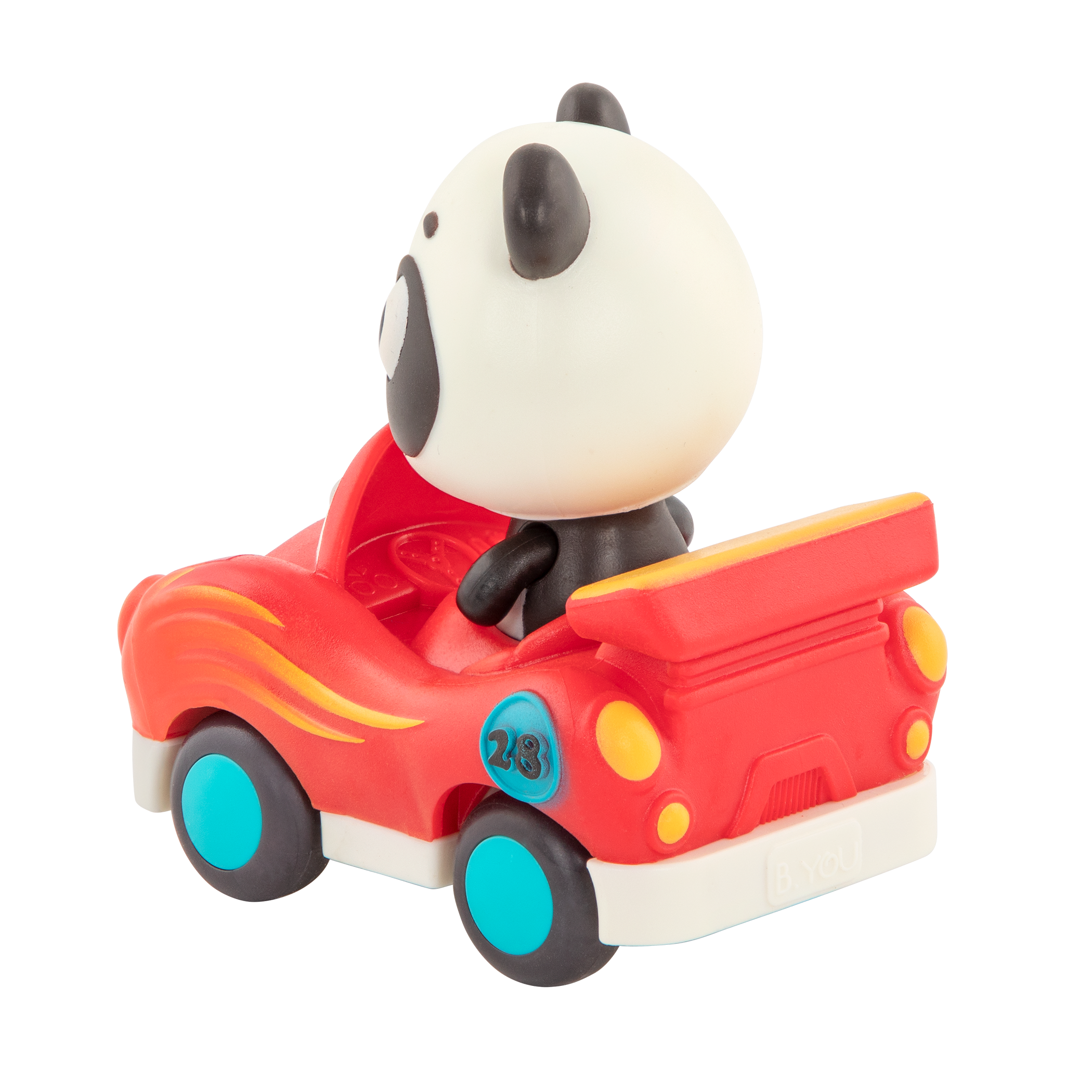 Light-up toy panda in race car.