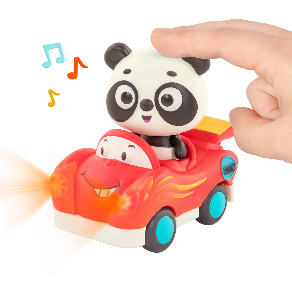 Light-up toy panda in race car.