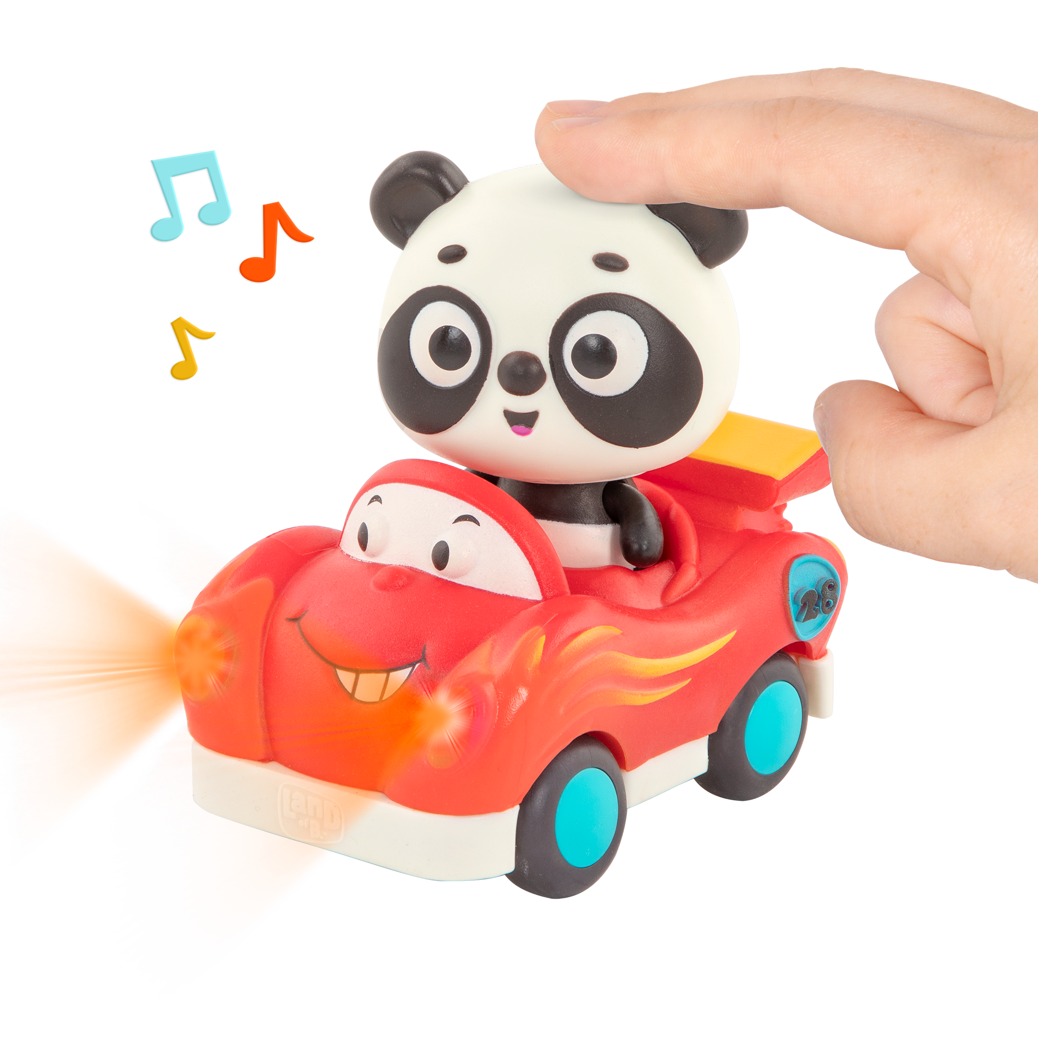 Light-up toy panda in race car.