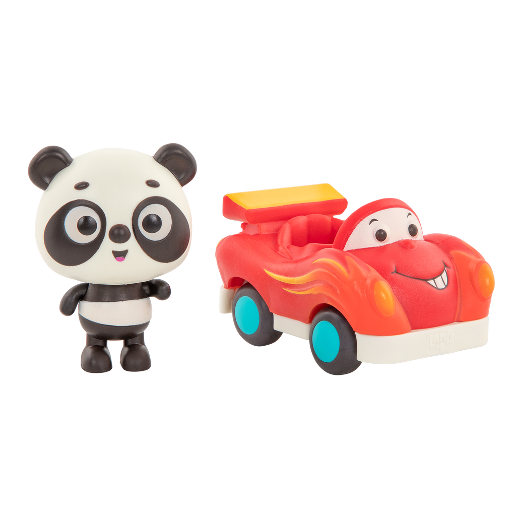 Light-up toy panda in race car.