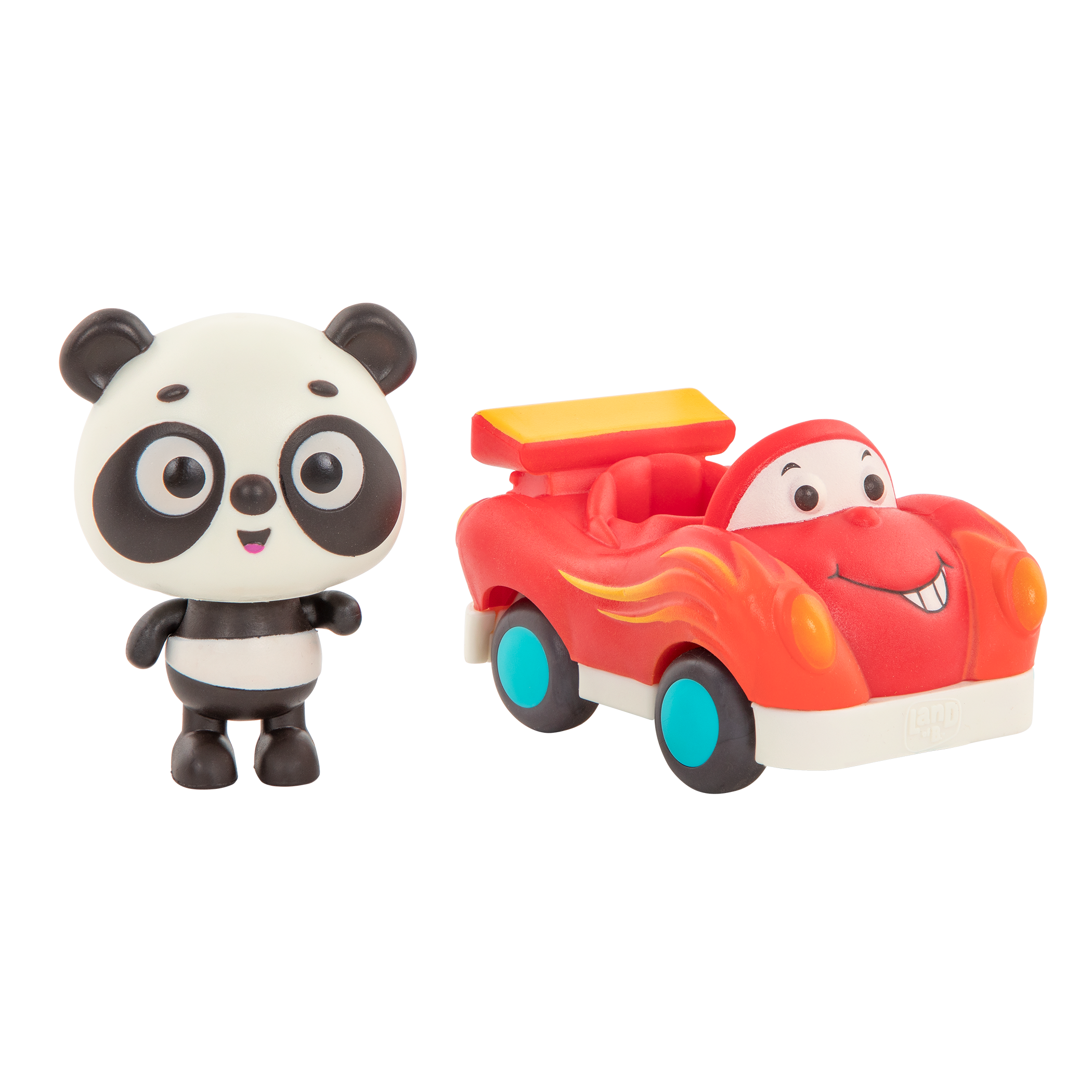 Light-up toy panda in race car.