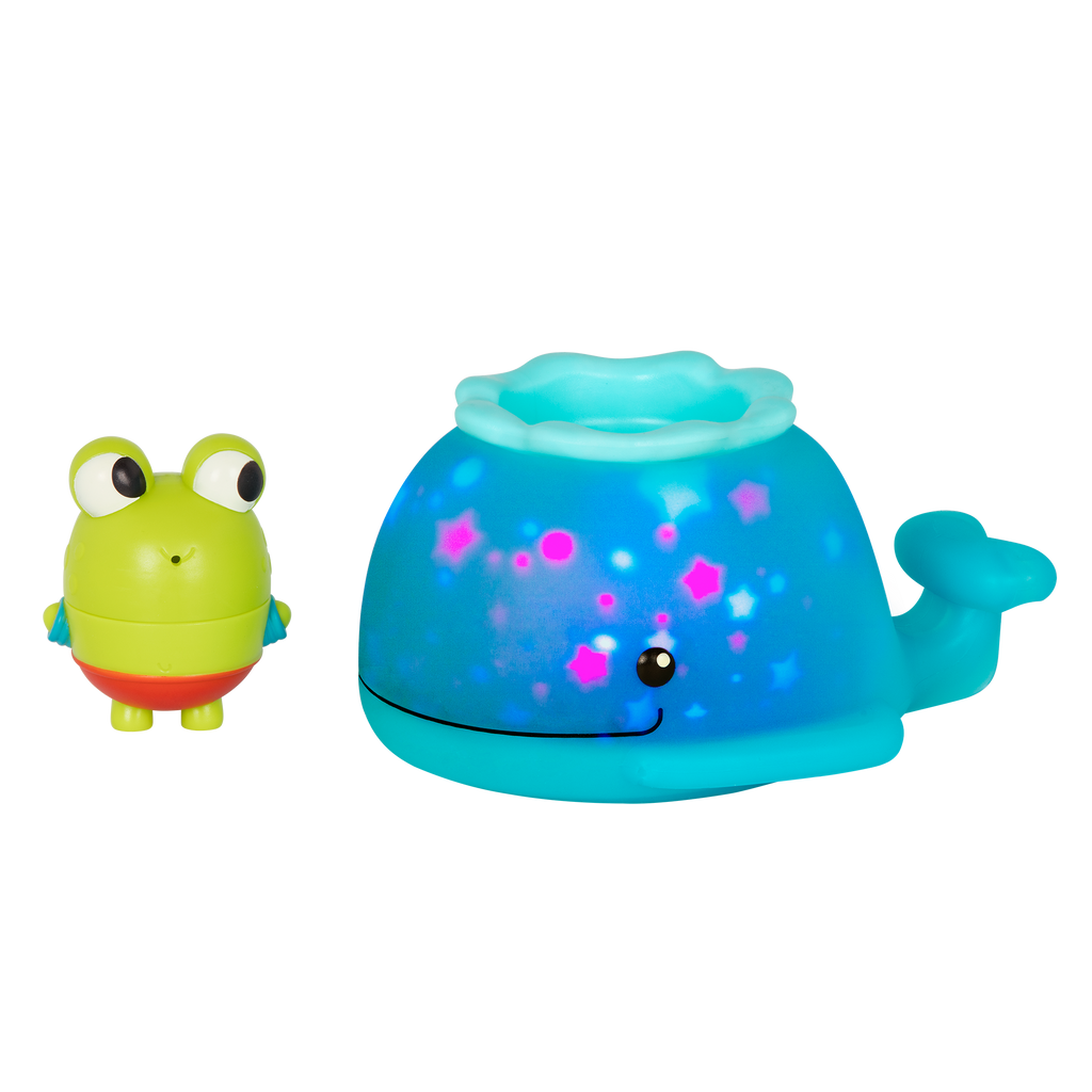 Frog squirt and light-up whale bath toys.