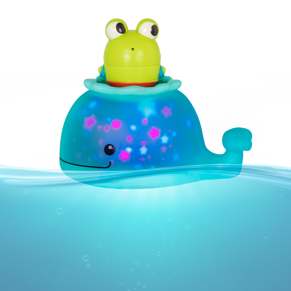 Frog squirt and light-up whale bath toys.