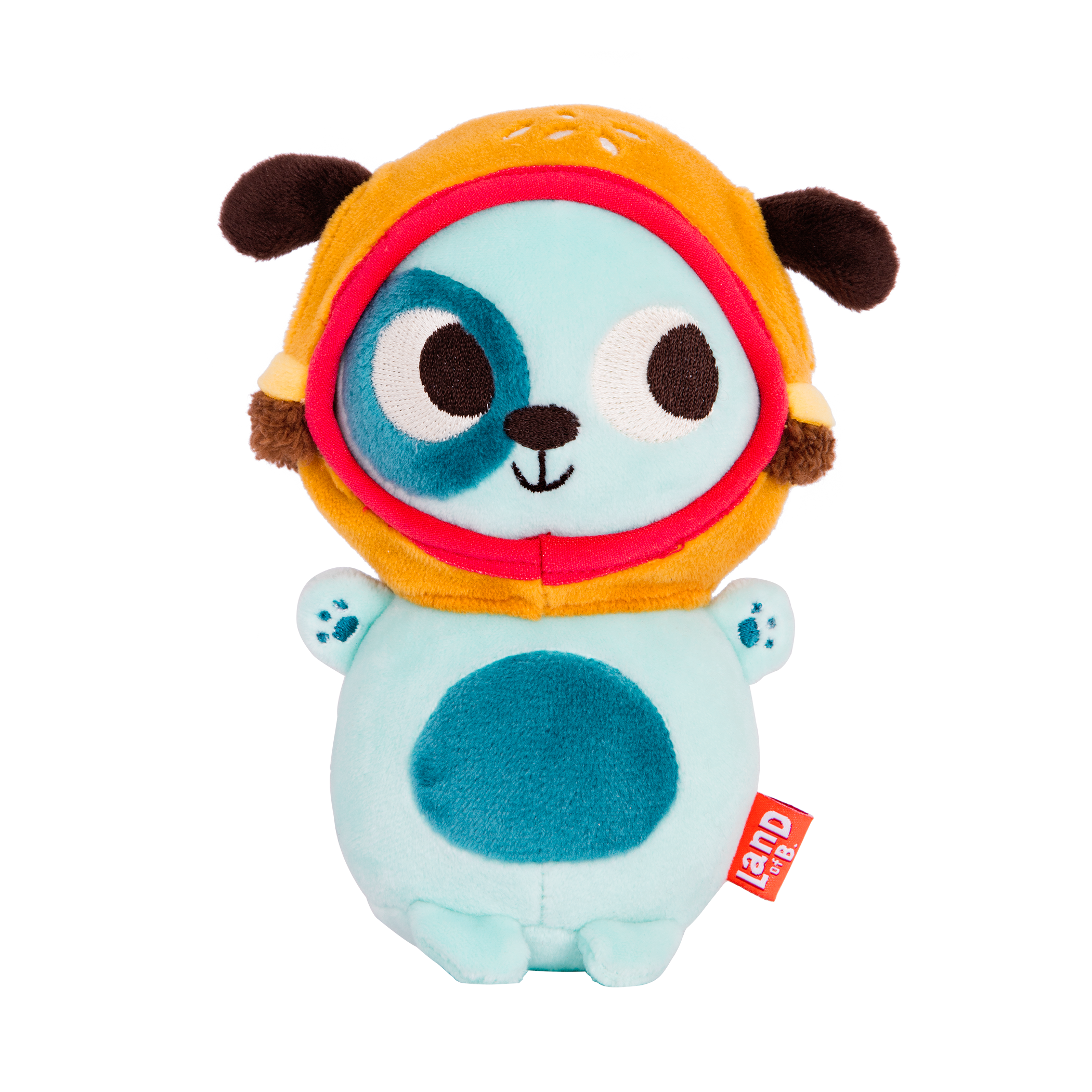 Plush dog with cheeseburger hood.