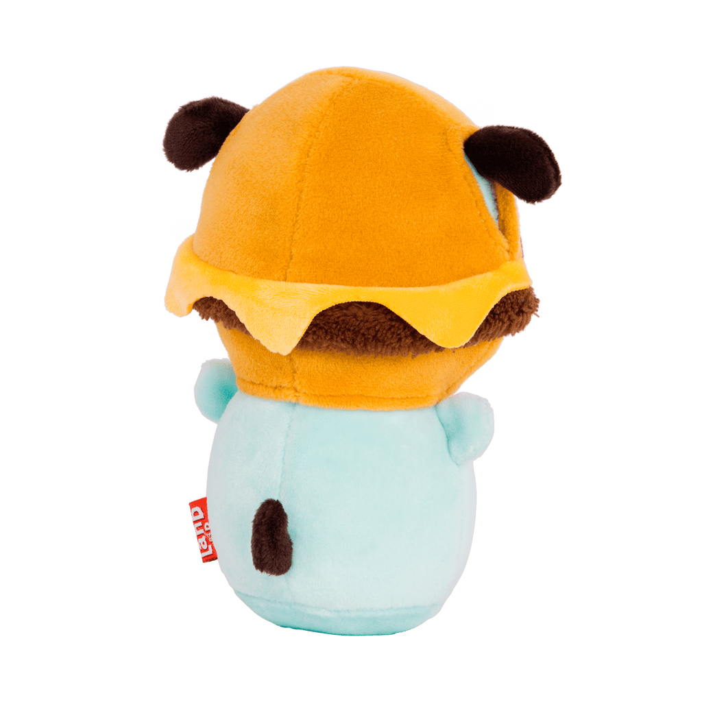 Plush dog with cheeseburger hood.
