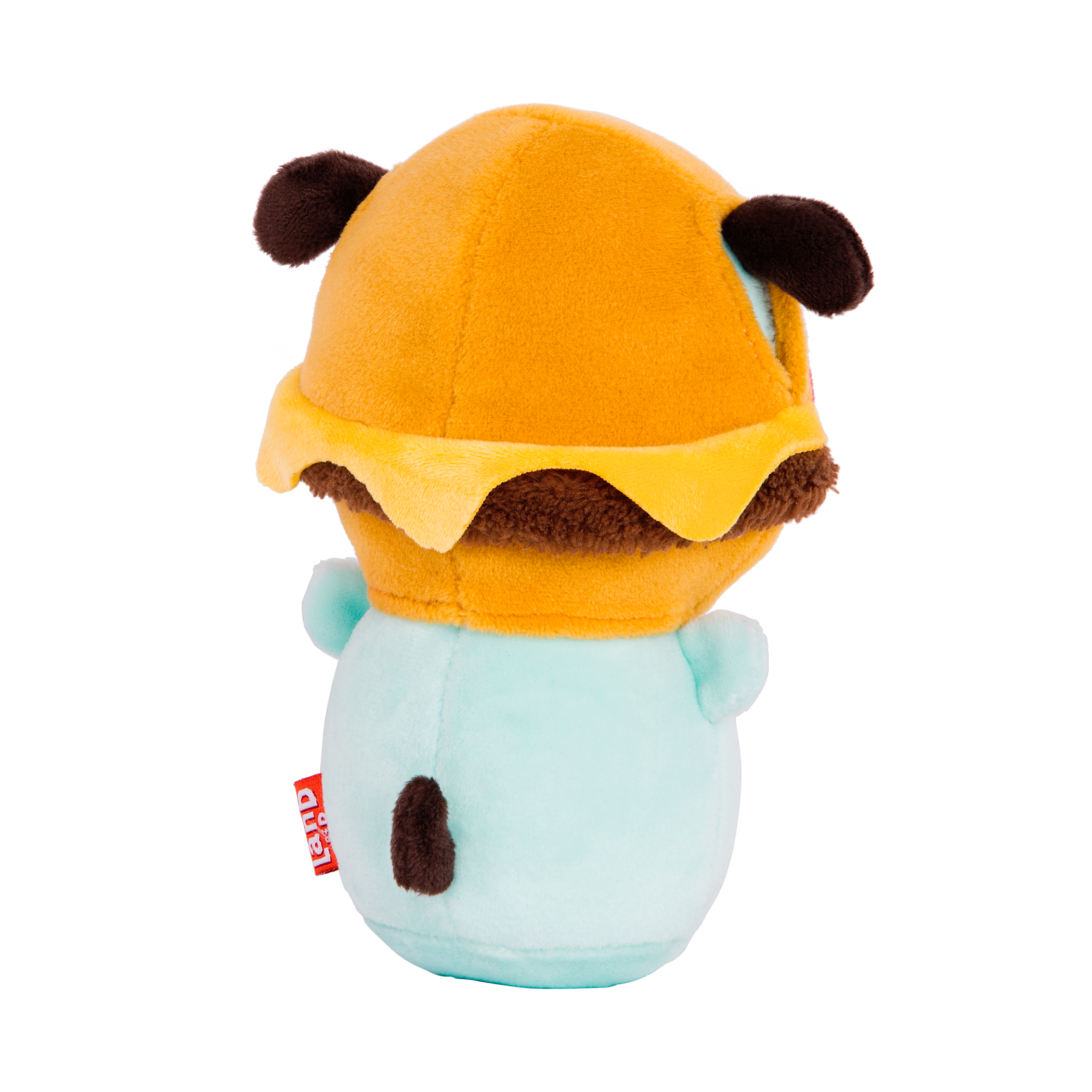 Plush dog with cheeseburger hood.