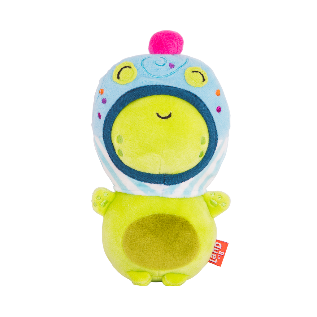 Plush frog with a cupcake hood.
