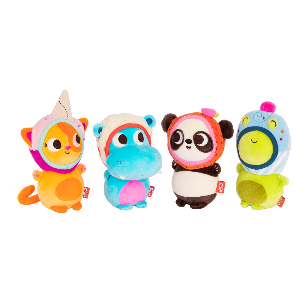 Plush panda with a strawberry hood.