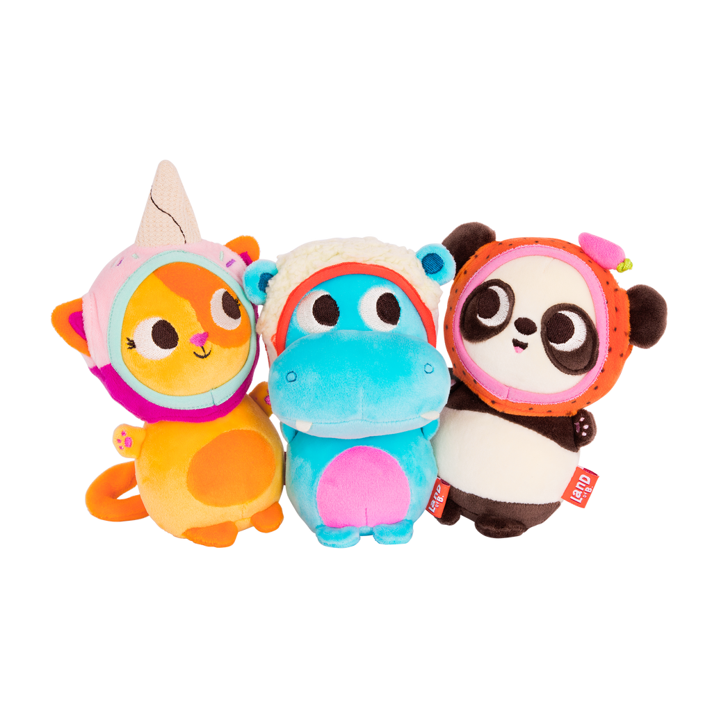 Plush panda with a strawberry hood.