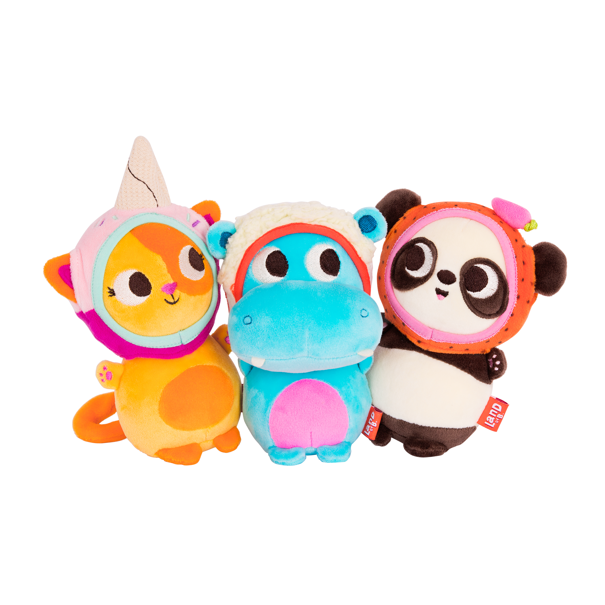 Plush panda with a strawberry hood.