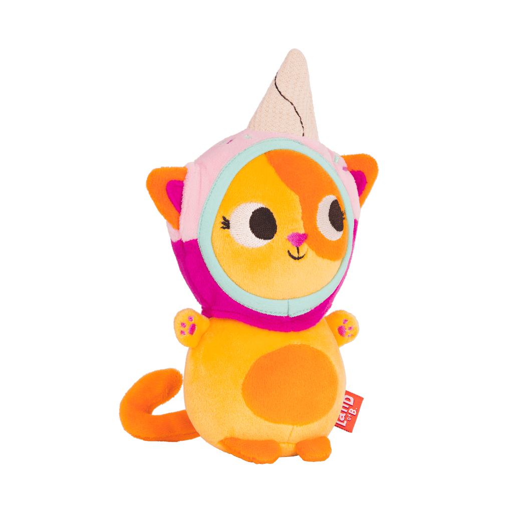 Plush cat with an ice cream hood.