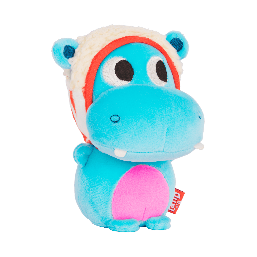 Plush hippo with a popcorn hood.