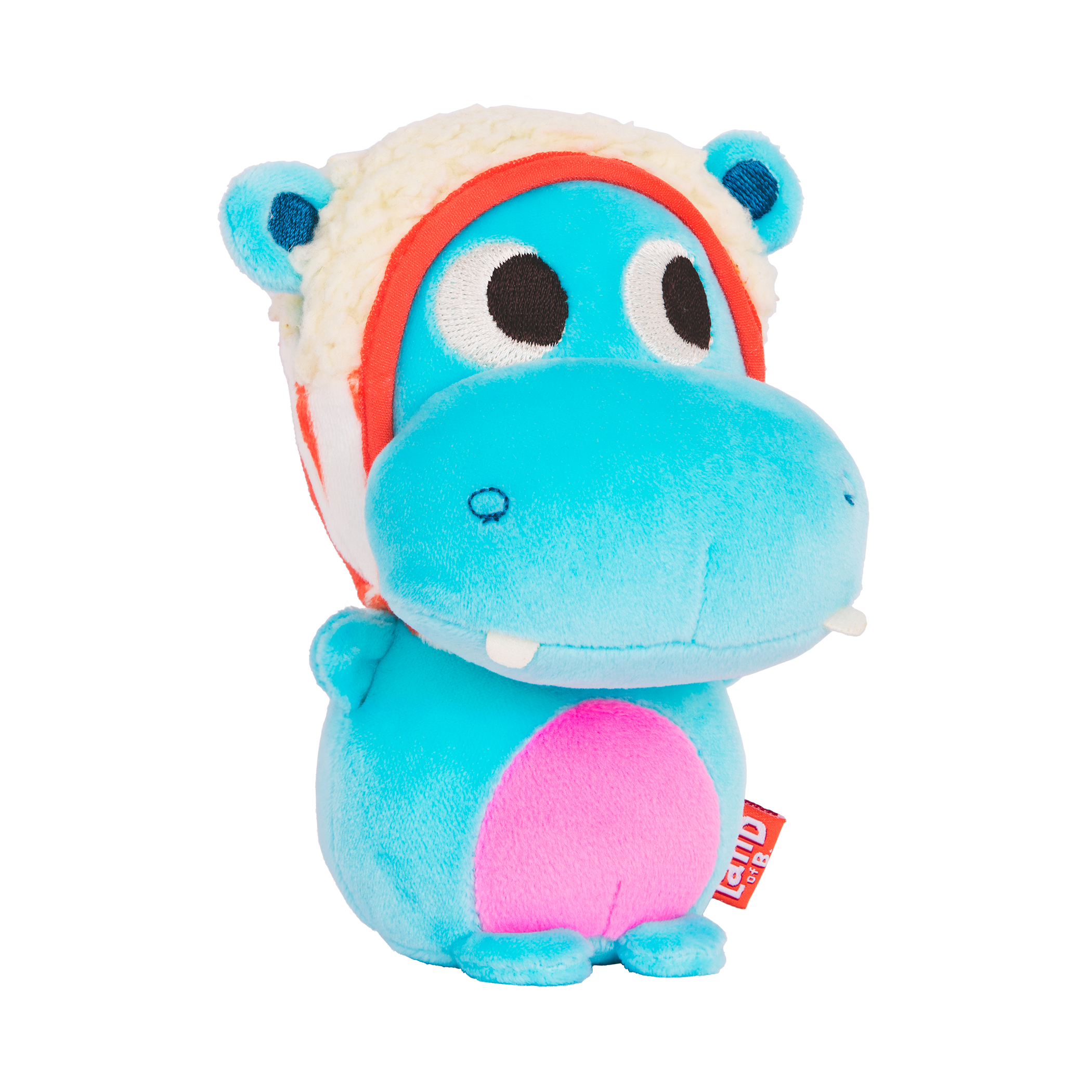 Plush hippo with a popcorn hood.