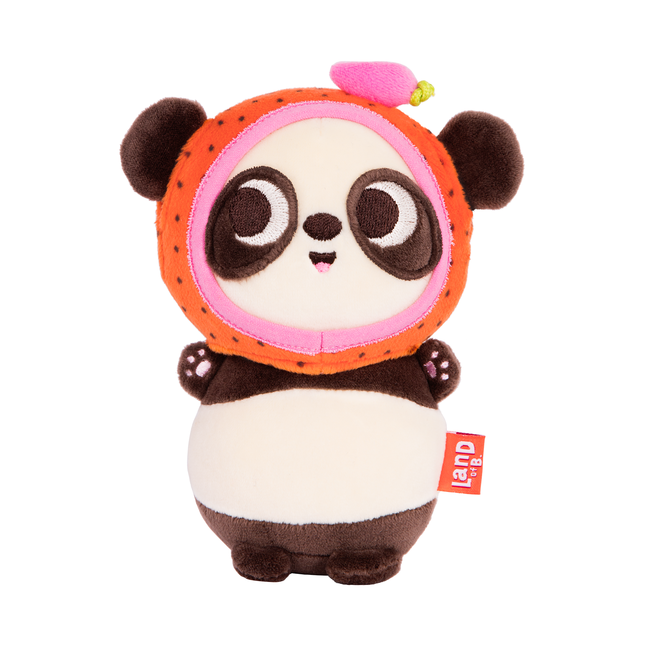 Plush panda with a strawberry hood.