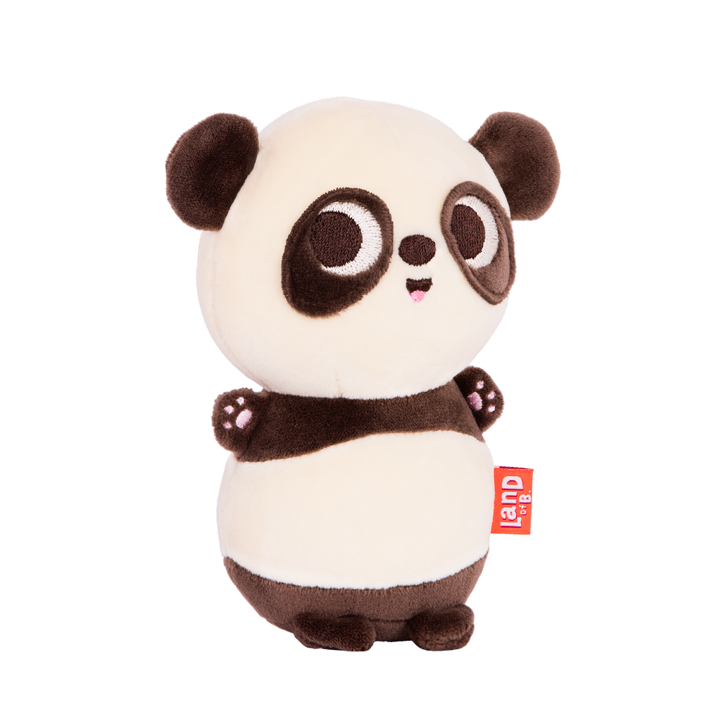 Plush panda with a strawberry hood.