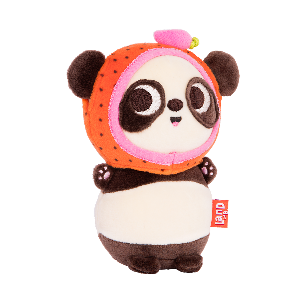 Plush panda with a strawberry hood.