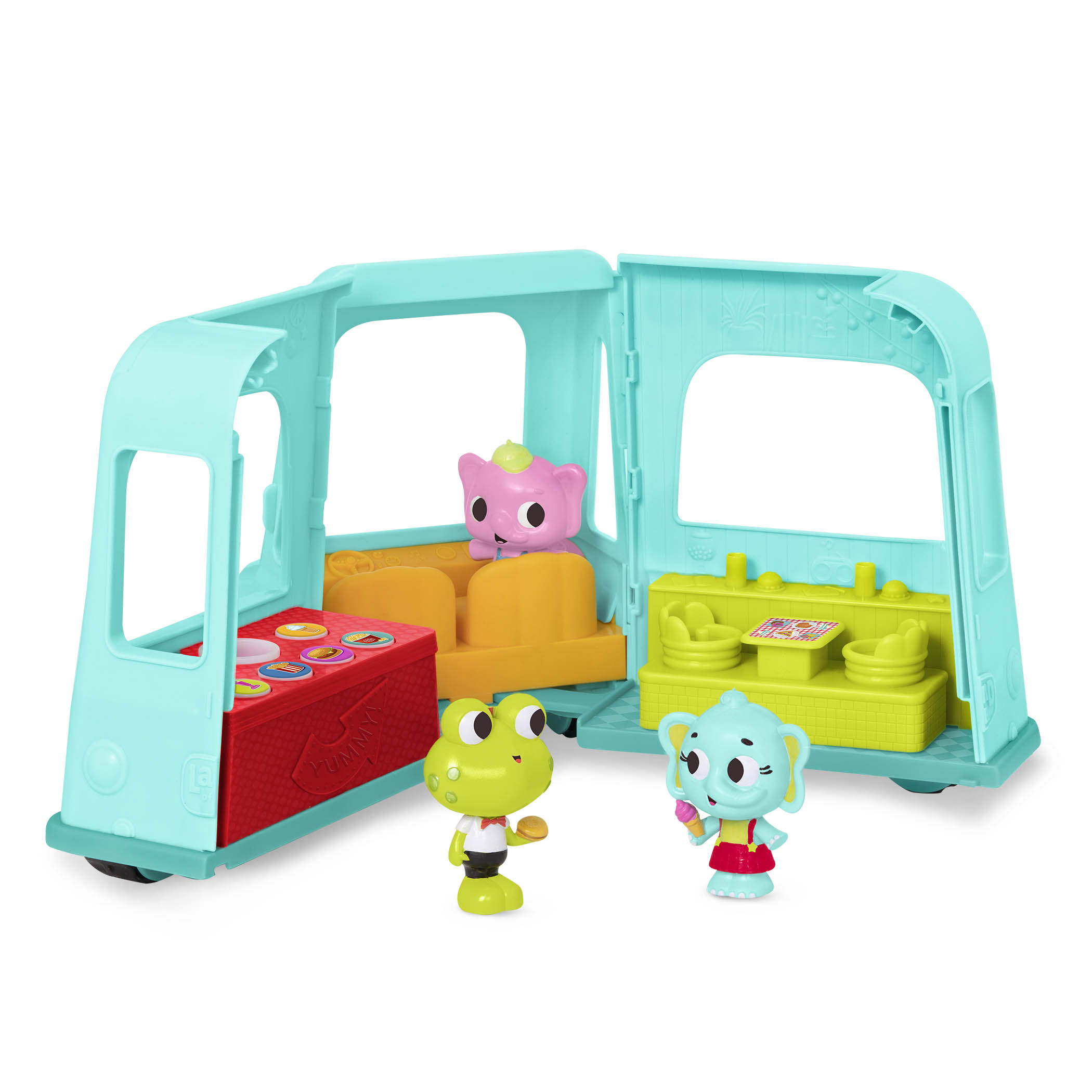 Toy food truck with 3 characters and stickers.
