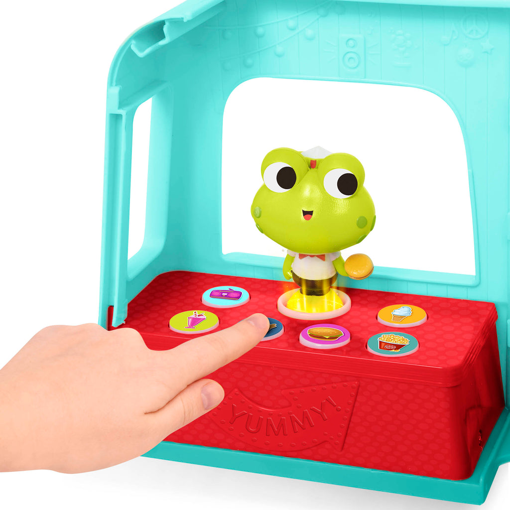 Toy food truck with 3 characters and stickers.