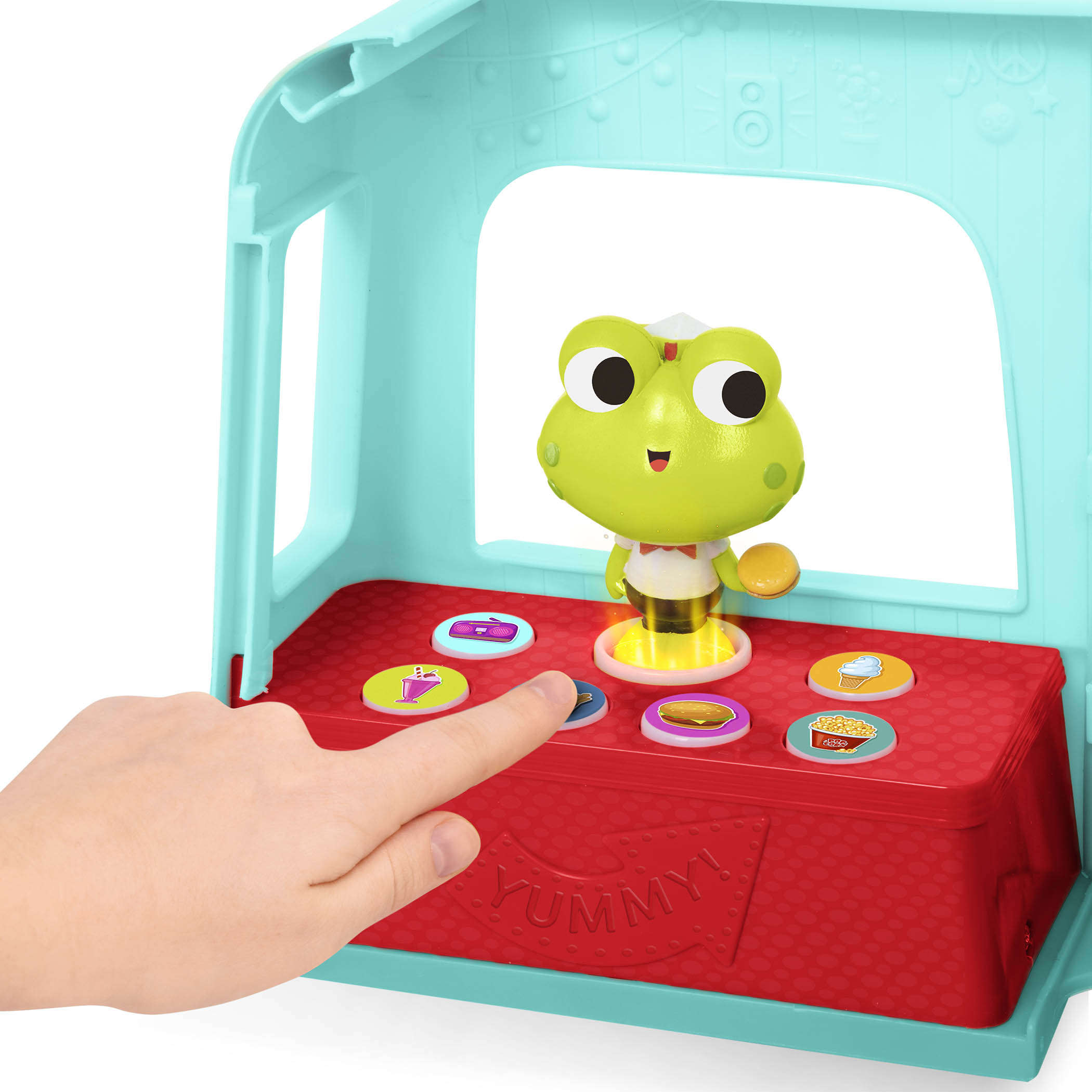 Toy food truck with 3 characters and stickers.