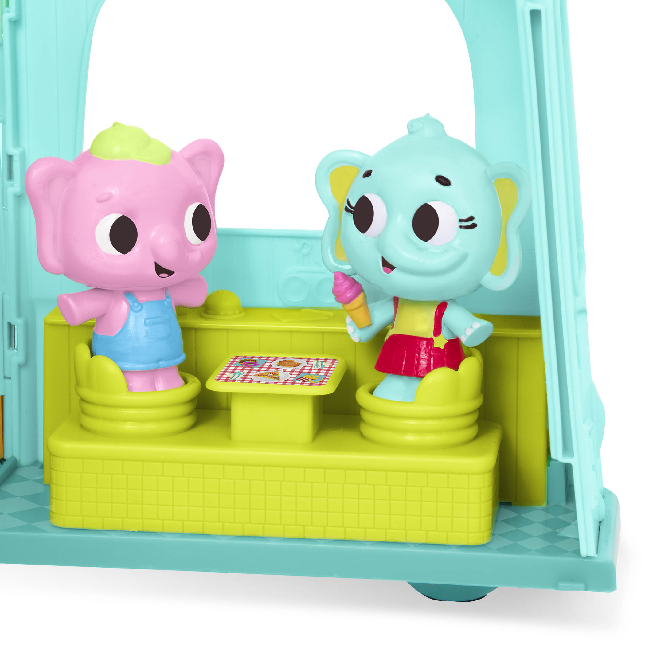 Toy food truck with 3 characters and stickers.