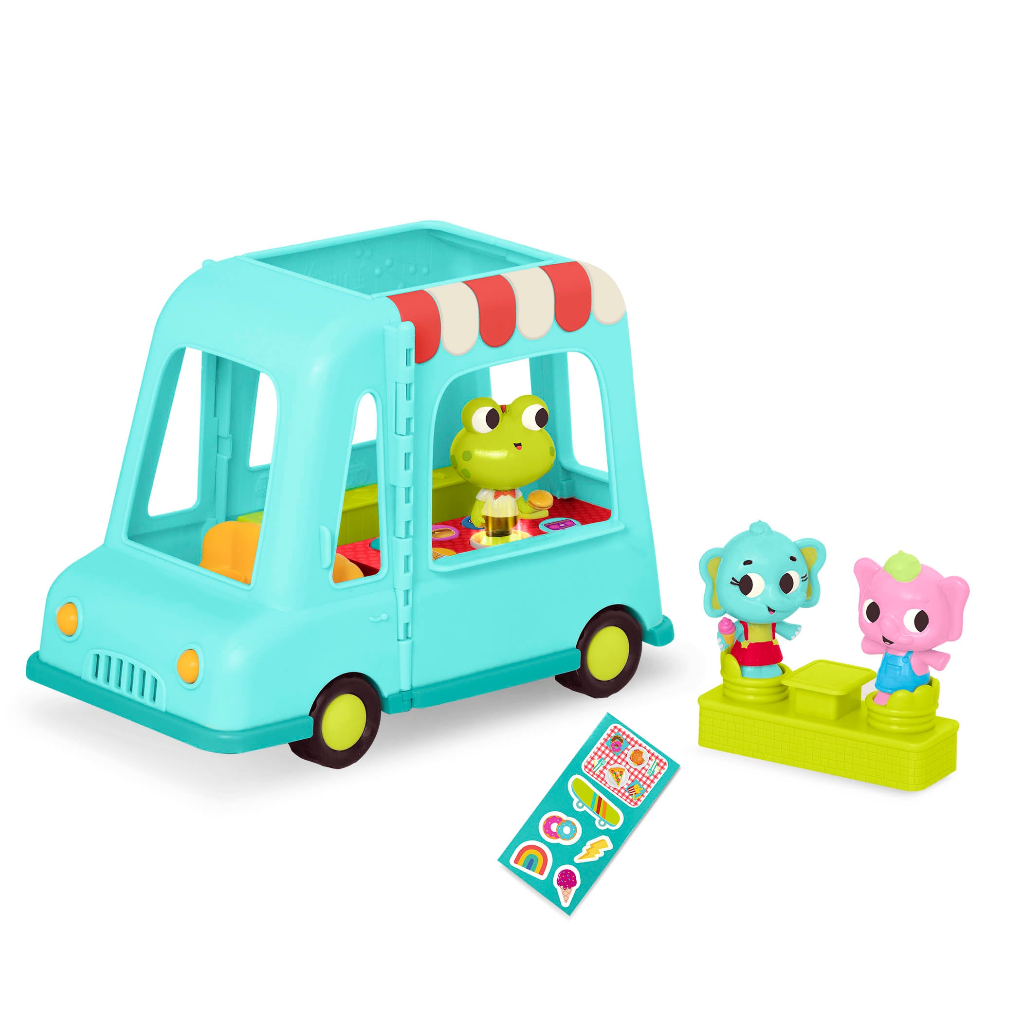 Toy food truck with 3 characters and stickers.