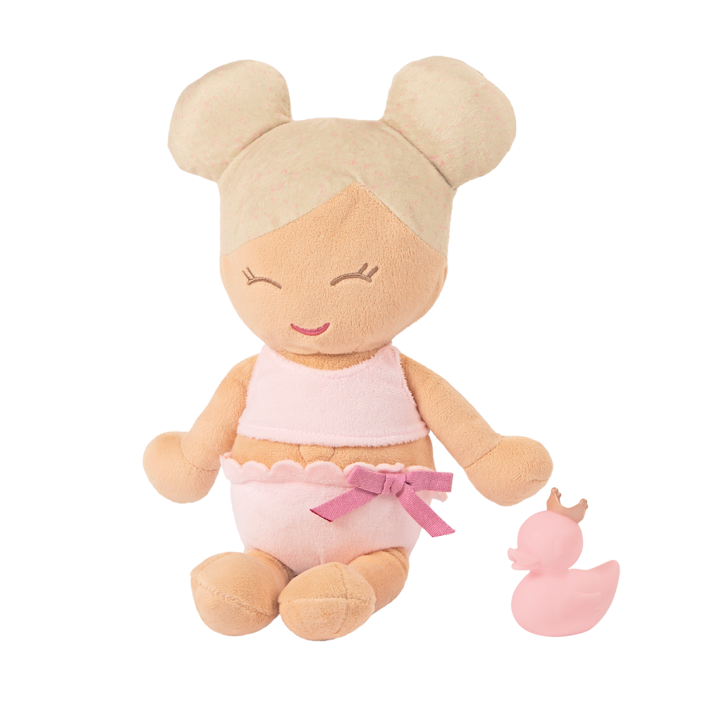 Plush Bath Doll with Blonde Hair and pink rubber ducky