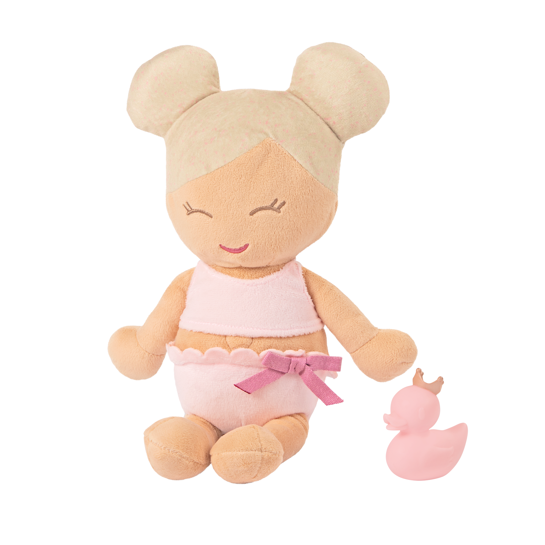 Plush Bath Doll with Blonde Hair and pink rubber ducky