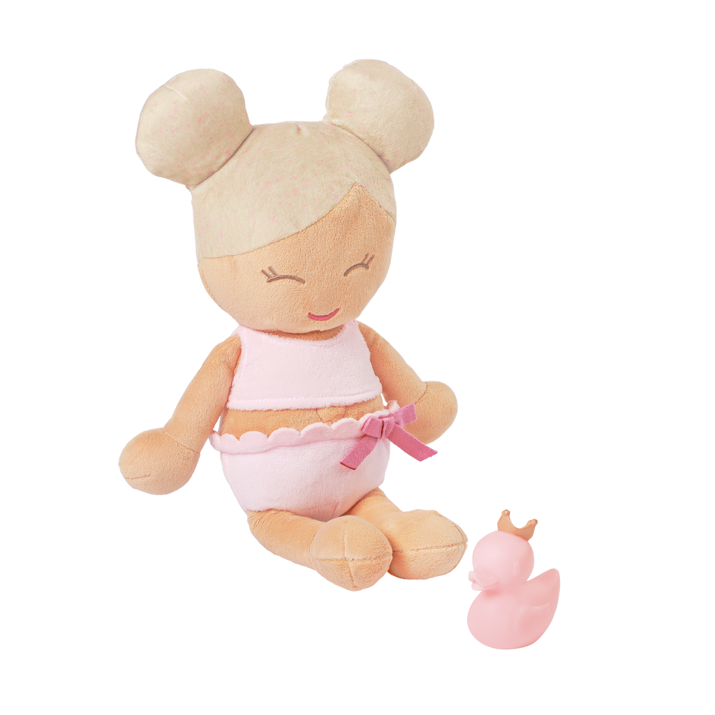 Plush Bath Doll with Blonde Hair and pink rubber ducky