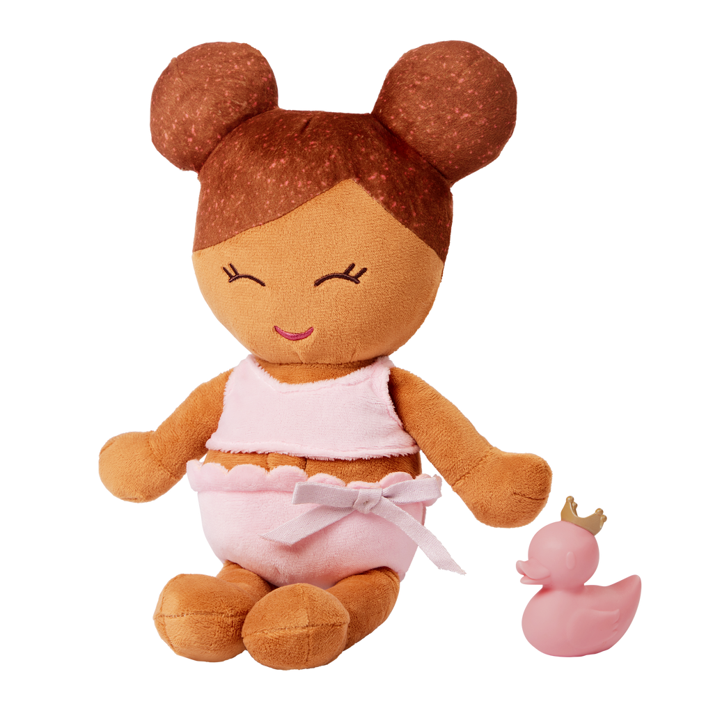 Plush Bath Doll - Medium Skin and Brown Hair - and a rubber ducky