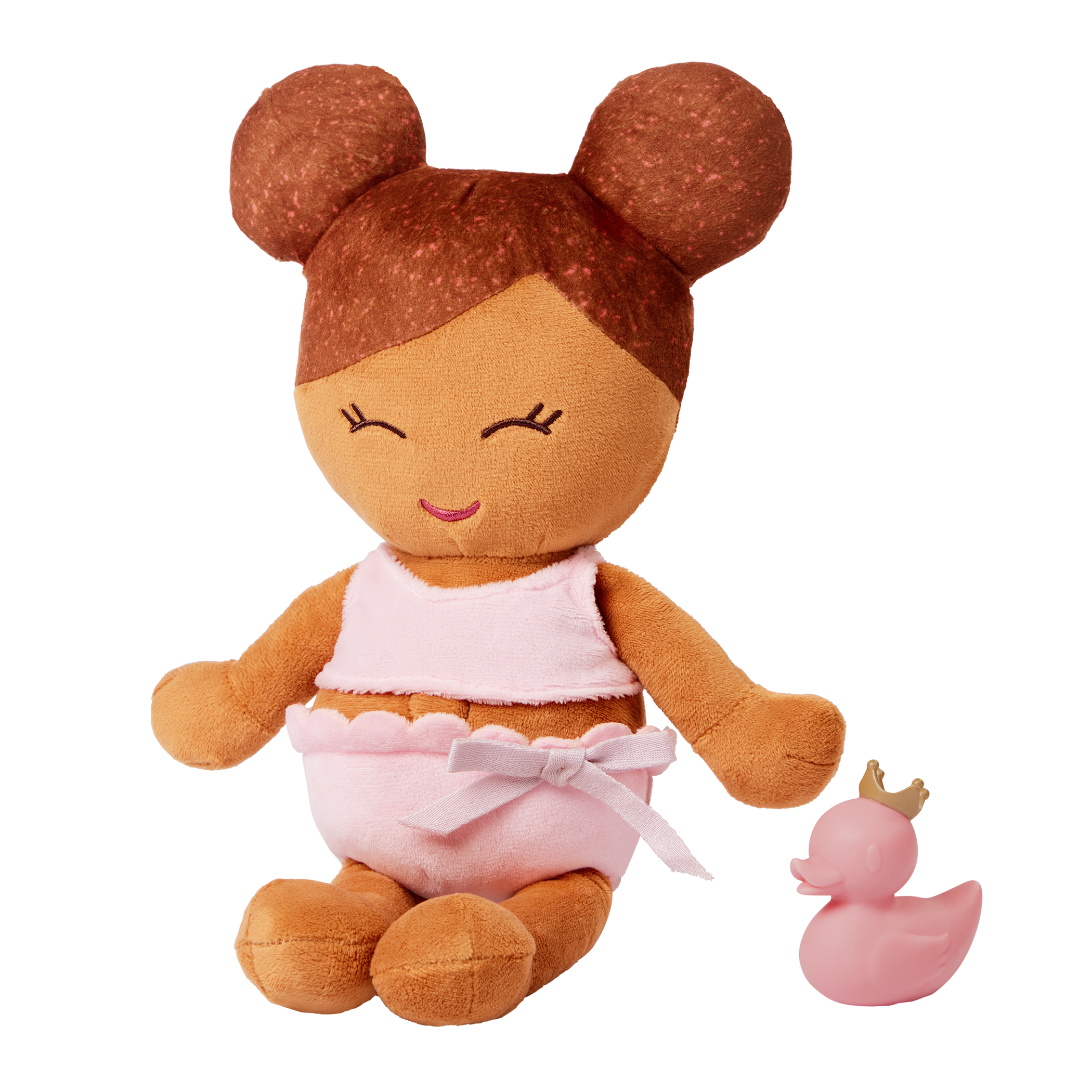 Plush Bath Doll - Medium Skin and Brown Hair - and a rubber ducky