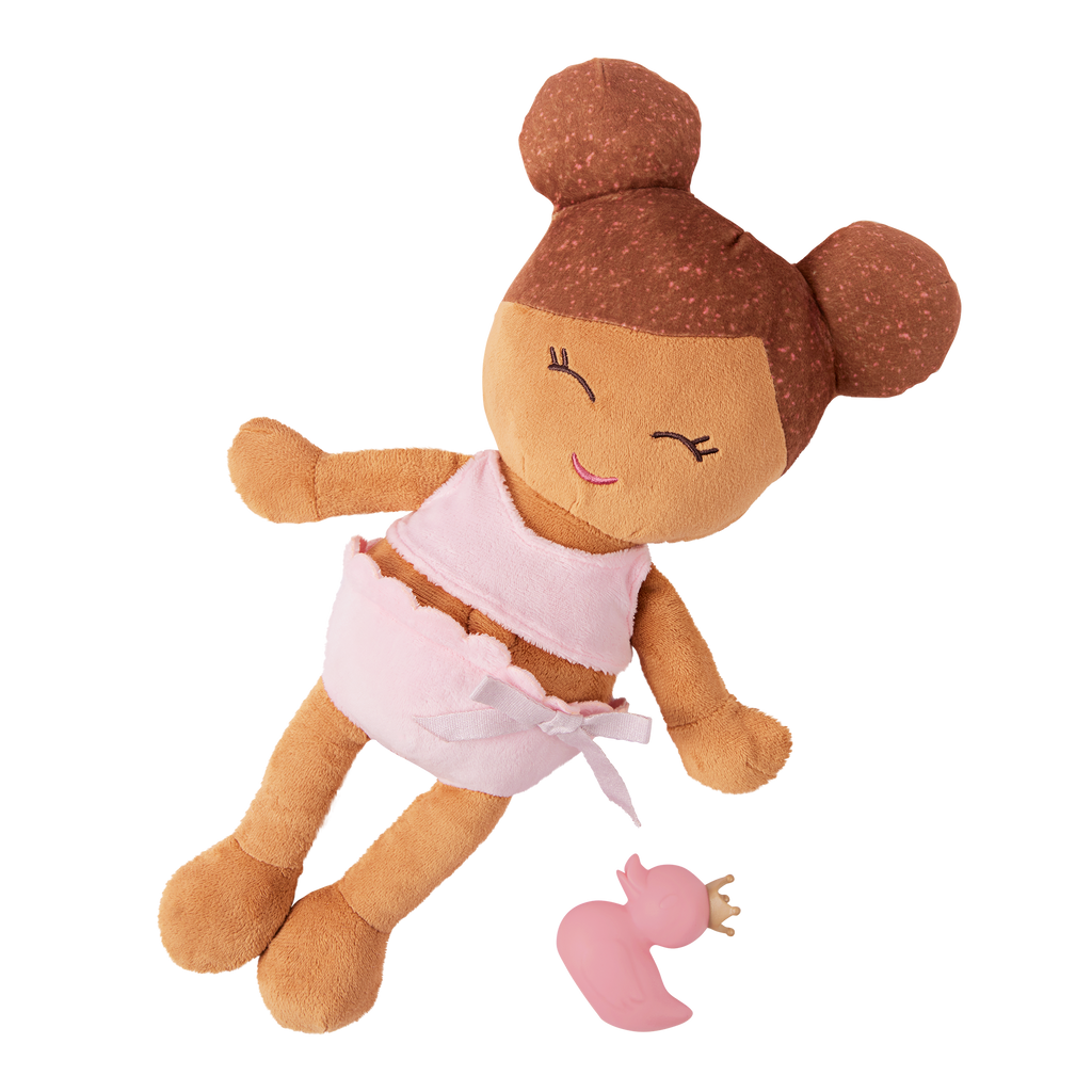 Plush Bath Doll - Medium Skin and Brown Hair - and a rubber ducky