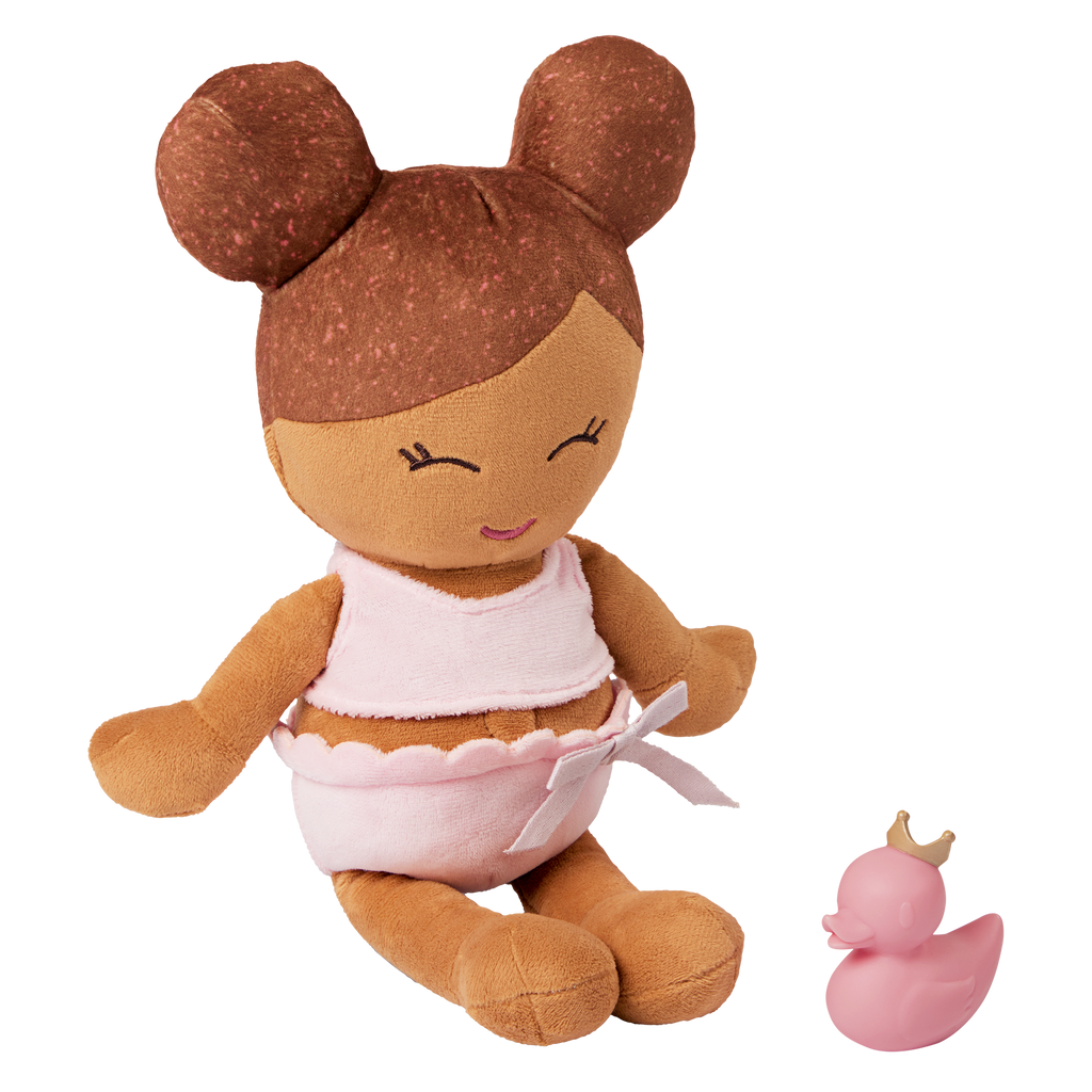 Plush Bath Doll - Medium Skin and Brown Hair - and a rubber ducky
