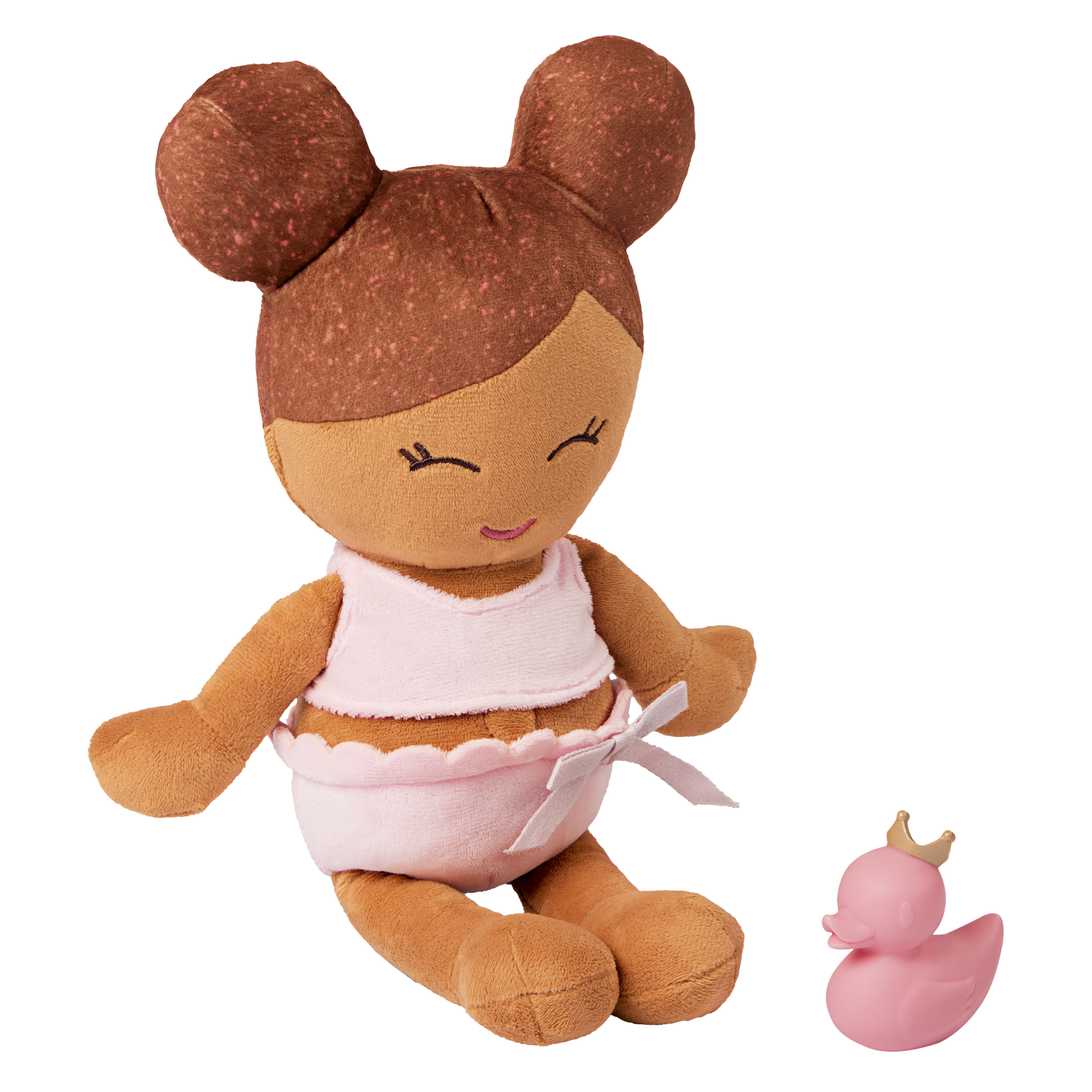 Plush Bath Doll - Medium Skin and Brown Hair - and a rubber ducky