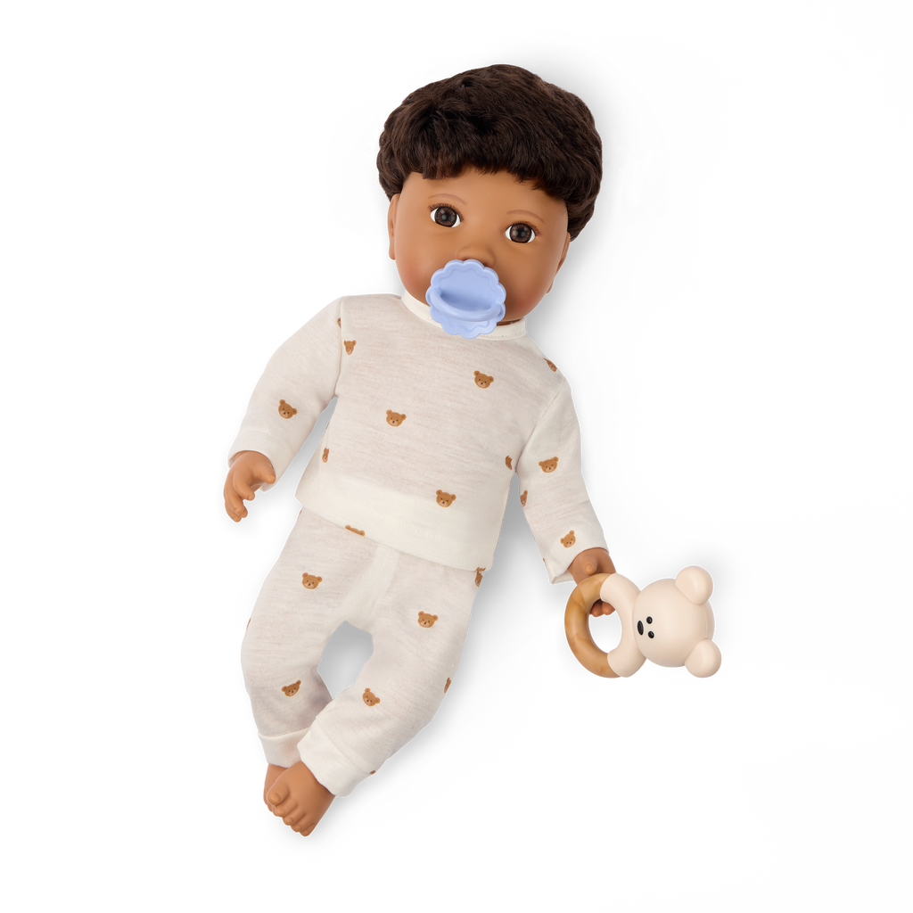 LullaBaby boy doll with brown hair in teddy bear outfit