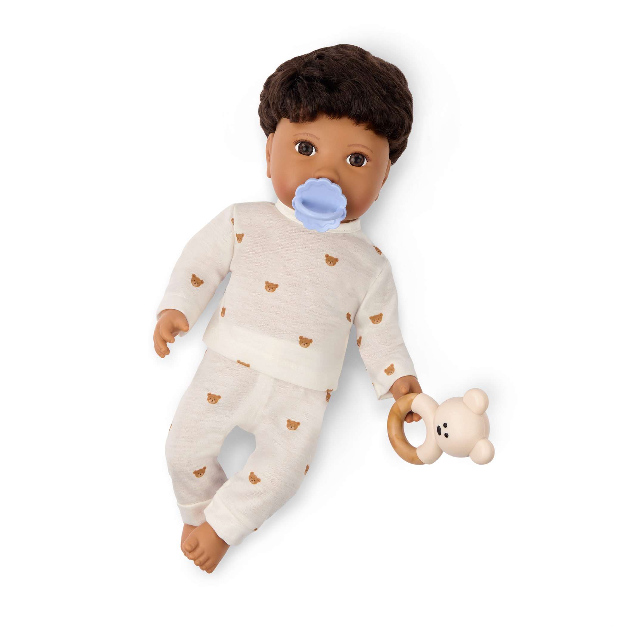 LullaBaby boy doll with brown hair in teddy bear outfit